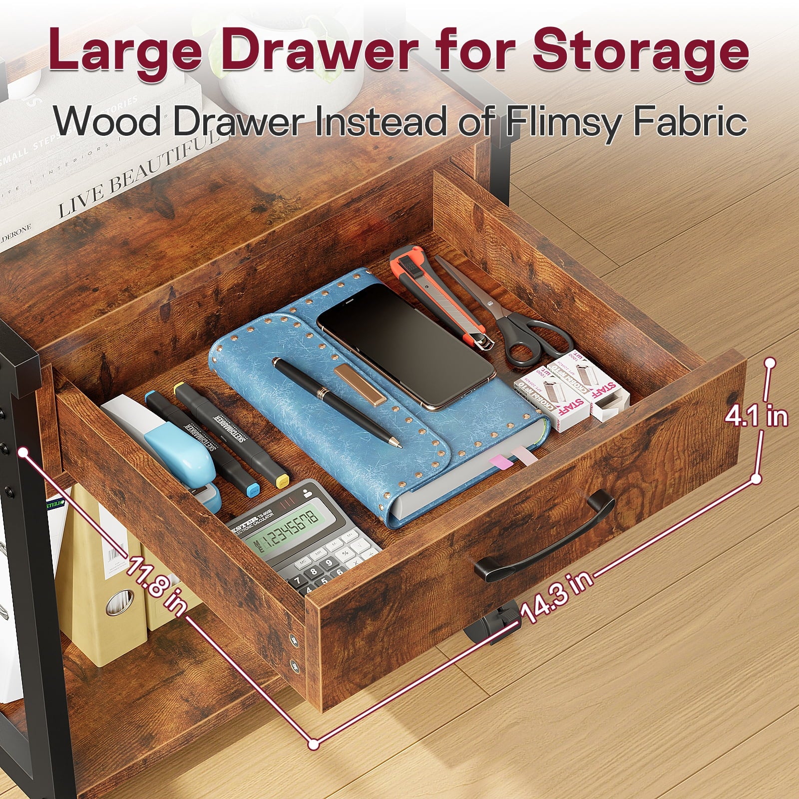 Printer Stand with Wheels,Drawer and Storage Shelf,3-Tier Rolling Mobile Printer Cart Fits Letter and A4 Size Files for Home Office,Brown