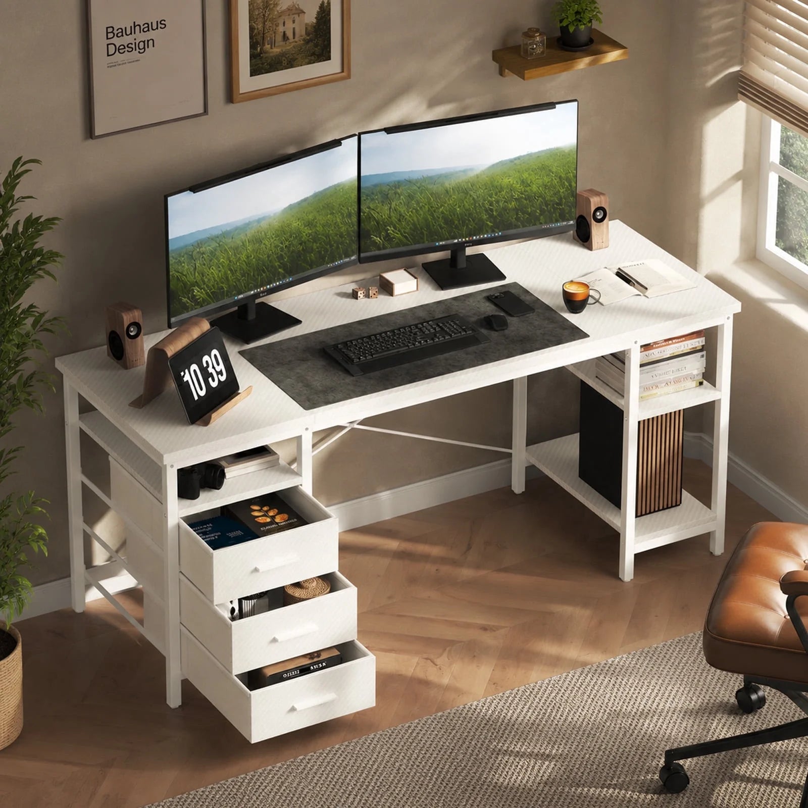 55" Computer Desk, Home Office Desk with 3 Drawers and Storage Shelves, PC Table Desk for Bedroom, White