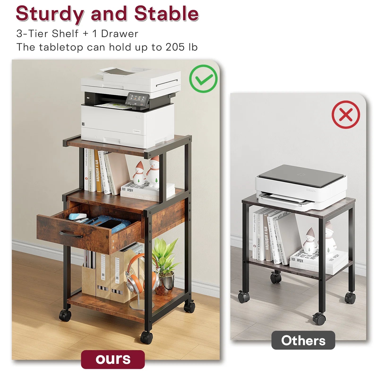 Printer Stand with Wheels,Drawer and Storage Shelf,3-Tier Rolling Mobile Printer Cart Fits Letter and A4 Size Files for Home Office,Brown
