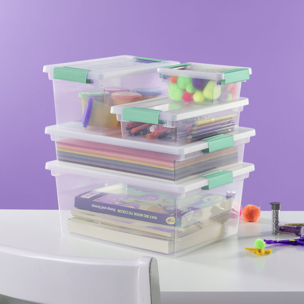 Large Clear Plastic Storage Bin Tote with Clear Lid & Aqua Latch