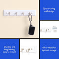 White 8.75 Inch Key Rail with 4 Satin Nickel Hooks for Keys, Mail, Leashes, 2 Lbs Capacity, 1 Pack