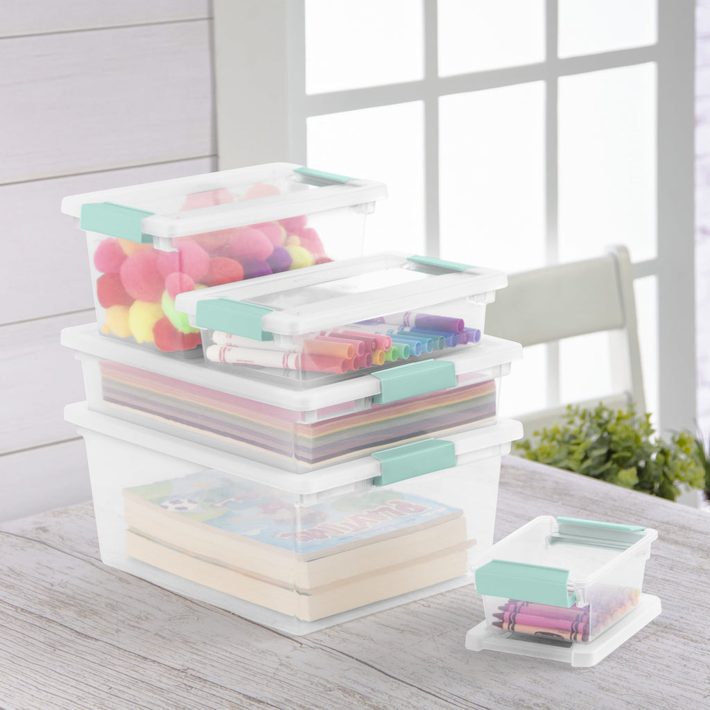 Large Clear Plastic Storage Bin Tote with Clear Lid & Aqua Latch