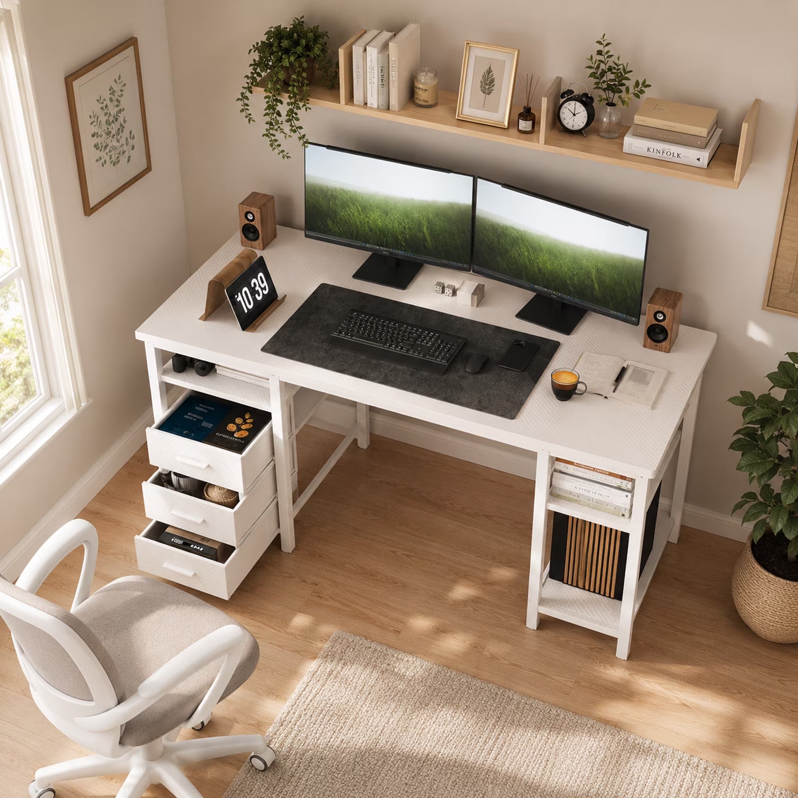 55" Computer Desk, Home Office Desk with 3 Drawers and Storage Shelves, PC Table Desk for Bedroom, White