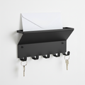 10 Inch Shelf Mail and Key Wall Mount Rack Organizer with 4 Key Hooks for Leashes, Keychains, 2 Lbs Capacity, Black, 1 Pack