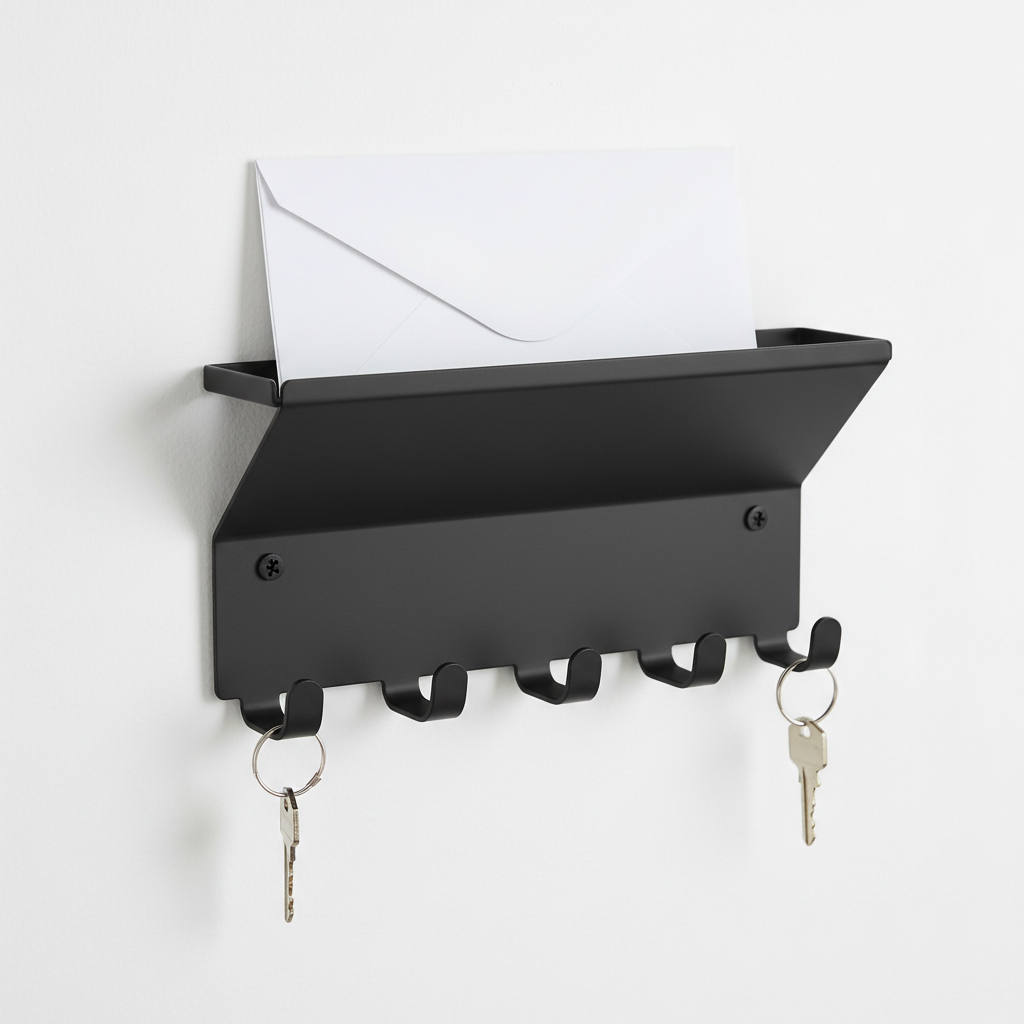 10 Inch Shelf Mail and Key Wall Mount Rack Organizer with 4 Key Hooks for Leashes, Keychains, 2 Lbs Capacity, Black, 1 Pack